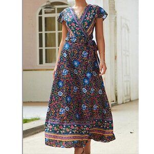 Yidarton Floral Wrap Maxi Dress Flutter Sleeve Boho Vacation Coastal Resort-L